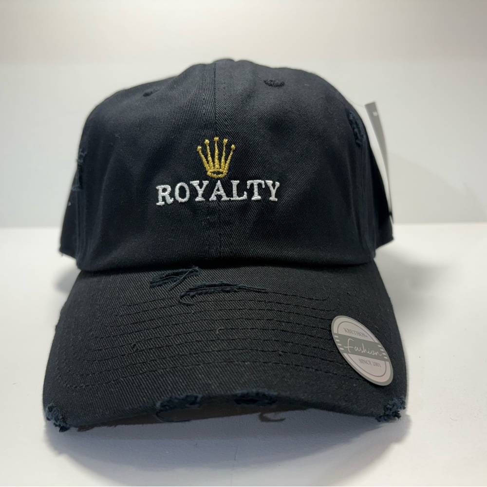 ROYALTY Embroidered Crown Black Distressed Baseball Cap